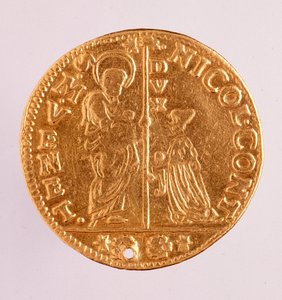 Goldmünze (Zecchino oder Sequin) aus der Republik Venedig: Herrschaft von Doge Nicolo Contarini (1630-1631). Durchmesser 3,4 cm Rom, Museo Nazionale delle Terme von Venetian School