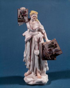 Porzellanfigur, die eine junge Frau darstellt, die Drucke verkauft oder zeigt. Venezianische Schule des 18. Jahrhunderts. Paris, Kunstgewerbemuseum