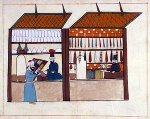 Läden (Gewürzhändler) in Konstantinopel, Türkei unter dem Osmanischen Reich. Miniatur aus „Türkische Denkmäler“ (Codex Cicogna 1971 „Memorie Turchesche“) Aquarell aus der venezianischen Schule des 17. Jahrhunderts.