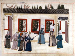 Der Sultan besucht die Favoritin mit der Mutter und dem Oberhaupt der Eunuchen. Miniatur aus „Türkische Denkmäler“ (Codex Cicogna 1971 „Memorie Turchesche“) Aquarell aus der venezianischen Schule des 17. Jahrhunderts.