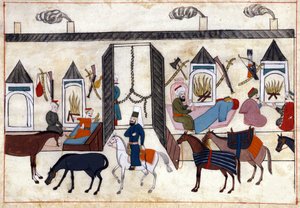 Ansicht des Inneren einer Karawane in der Türkei unter dem Osmanischen Reich. Miniatur aus „Türkische Denkmäler“ (Codex Cicogna 1971 „Memorie Turchesche“) Aquarell aus der venezianischen Schule des 17. Jahrhunderts von Venetian School
