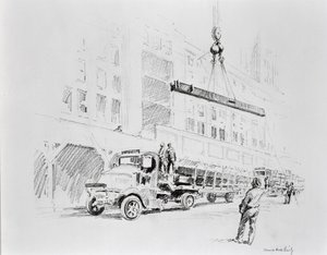 Stahlträger wird vom Lastwagen hochgezogen, um beim Bau des Empire State Building verwendet zu werden, veröffentlicht von William Edwin Rudge von Vernon Howe Bailey