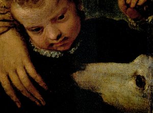 Porträt einer Frau mit Kind und Hund (Detail)