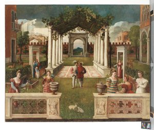 Klassischer architektonischer Garten mit eleganten Figuren, eine bergige Landschaft im Hintergrund, ca. 1530