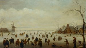 Winterlandschaft mit zahlreichen Schlittschuhläufern, Golfspielern und Bauern auf gefrorenen Wasserwegen