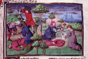 Mordszene von zwei Männern, deren Mörder ihnen den Kopf abschneiden. Seite eines Manuskripts auf Französisch des „Decameron“ von Giovanni Boccaccio genannt Jean Boccace (1313-1375), italienischer Schriftsteller, illuminiert vom Meister von Mansel. 1450. Pa