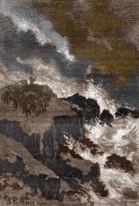 Gallische Religion und Druiden: Versammlung der Druiden auf einer Klippe, um Geister zu befehligen und Dämonen auszutreiben. Gravur aus „Les mysteres de science“ von Louis Figuier, Private Sammlung von Victor Armand Poirson