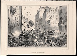 Rue Saint-Antoine im Juli 1830, graviert von H. Delaporte