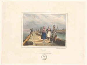 Zwei Mädchen und ein Soldat am Steg bei Calais von Victor Adam