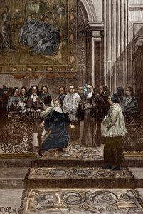 Affäre der Besessenen von Loudun (Dämonen von Loudun) um 1630: Exorzismus der besessenen Mutter Oberin des Ursulinenklosters durch den Priester von Chinon, Pierre Barre, nach den Ereignissen der „Besessenheit von Loudun“, Illustration für Besessene von Lou