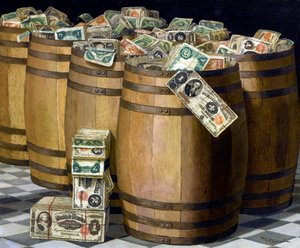 Fässer mit Geld, ca. 1897