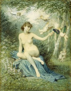 Nymphe vertreibt die Liebe mit einer Fackel