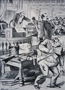 Grover Cleveland (1837-1908) erzählt die Wahrheit über sein Privatleben, während sein Gegner James Blaine (1830-93) als korrupt dargestellt wird von Victor Gillam