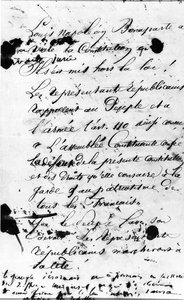 Erste Seite des Manifests, das die Pariser Bevölkerung auffordert, die Verletzung der französischen Verfassung durch Louis Napoleon Bonaparte abzulehnen, 1851