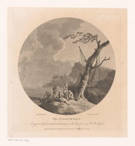 Landschaft mit Fischern bei einem Baum mit Fischernetzen