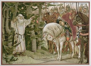 Prinz Oleg (gest. ca. 912) trifft den Wahrsager, der prophezeit, dass sein Pferd die Ursache seines Todes sein wird, Illustration aus 