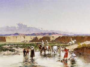 Arabische Reiter beim Tränken in einer Oase von Victor Pierre Huguet