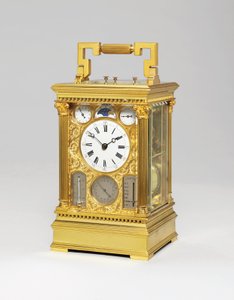 Französische große Sonnerie-Acht-Tage-Kutschenuhr mit Vollkalender, Mondphase, Barometer & Thermometer, ca. 1880