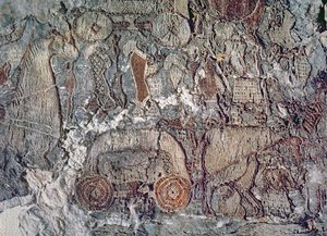 Detail eines Tieres, das einen Wagen zieht, aus einem Wandteppich, der mit dem Oseberg-Schiff gefunden wurde von Viking