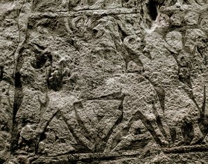 Die Toten reiten auf dem Pferd Odins (Detail eines Wikinger-Grabsteins, 7.-8. Jahrhundert n. Chr.) von Viking