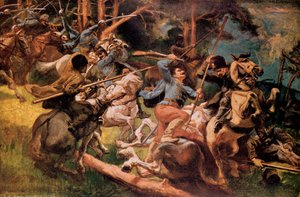 Ungarische Husaren und russische Kosaken kämpfen in den Karpaten im Jahr 1915