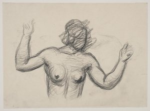 Weibliche Figur, Halbfigur, die die Arme hebt