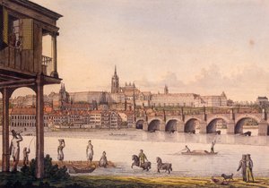 Ansicht der Kleinseite und der Prager Burg Hradschin von Papoueks Bad, 1825 von Vincenc Morstadt