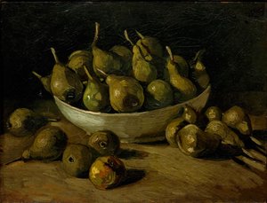 Stillleben mit einem irdenen Schüssel und Birnen