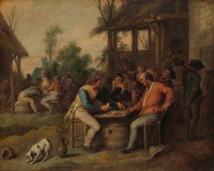 Zwei Männer beim Kartenspiel vor einem Landgasthof, um 1650