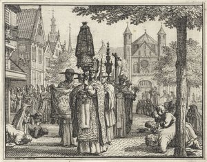 Prozession mit einer Statue durch eine Straße von Vincent Laurensz. van der Vinne (II)