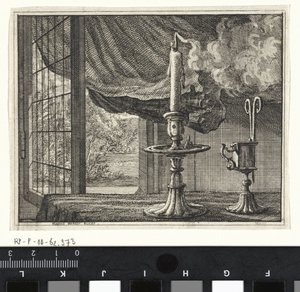 Erloschene Kerze vor einem offenen Fenster von Vincent Laurensz. van der Vinne (II)