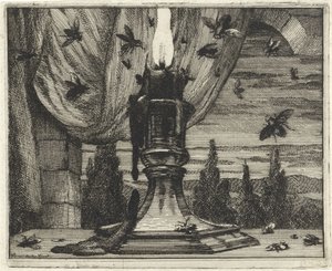 Fliegen werden vom Licht einer Kerze angezogen von Vincent Laurensz. van der Vinne (II)