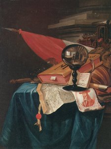 Vanitas-Stillleben mit dem Künstler an seiner Staffelei, reflektiert in einer Kristallkugel