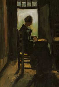 Frau sitzt vor einer offenen Tür und schält Kartoffeln, 1885 von Vincent van Gogh