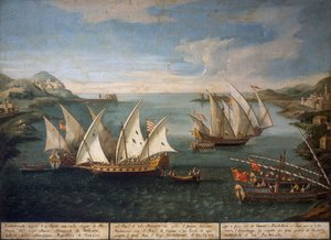 Seeschlacht zwischen venezianischen Schiffen von Marco Ivanovich Dobrota und türkischen Schiffen vor Patras am 17. April von Vincenzo Chilone