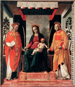 Die Jungfrau und das Kind umgeben von den Heiligen Faustin und Giovita (Faustino und Giovita Schutzpatrone von Brescia) Gemälde von Vincenzo Foppa (ca. 1427-ca. 1515) Brescia, Pinacoteca Tosio Martinengo Italien von Vincenzo Foppa