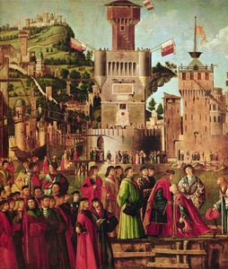 Treffen von Etherius und Ursula und die Abreise der Pilger, aus dem St. Ursula-Zyklus, um 1490-96 (Detail)