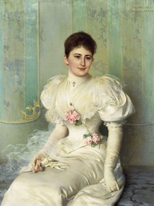 Porträt einer Dame, sitzend, dreiviertel Länge, in einem weißen Kleid von Vittorio Matteo Corcos