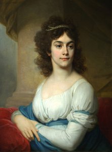 Porträt einer unbekannten Frau in weißem Kleid mit blauem Band, Ende 1790er