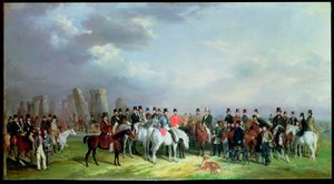Das Wiltshire Great Coursing Meeting in Amesbury, 16.-20. März 1847, mit Stonehenge im Hintergrund, 1847 von W. Barraud