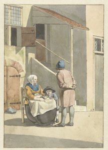 Junge und Frau mit Kind vor einem Haus