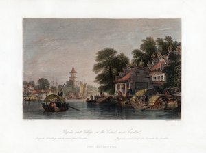Pagode und Dorf am Kanal in der Nähe von Kanton, China, ca. 1840 von W. H. Capone