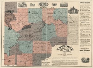 Englisch:  Zeigt die Nummern der Grundstücke/Blöcke und die Namen der Bewohner. Als einzige offizielle Karte von Cherokee County bestätigt. Zwei Blätter zusammengefügt zu 1, auf Leinen aufgezogen. LC Landbesitzkarten, 87 Enthält Text und Abbildungen. Erhäl
