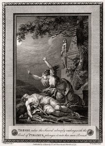 Thisbe nimmt das Schwert, das bereits mit dem Blut von Pyramus trieft, und stürzt es hinein..., 1775