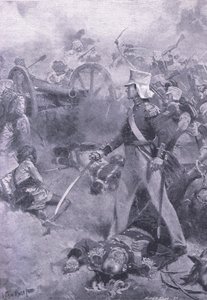 Chilianwala, 13. Januar 1849: Der Leichnam von Pennycuick bewacht von seinem Sohn, Illustration aus British Battles on Land and Sea, 1915