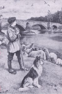 Der Anblick der alten römischen Brücke in Musselburgh regt die Fantasie von John Rennie, dem Schäferjungen, an, aus My Magazine, veröffentlicht 1922 (Lithografie)