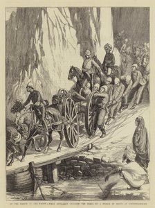 Auf dem Marsch zur Front, Feldartillerie überquert den Indus auf einer Pontonbrücke bei Khooshiahgurh