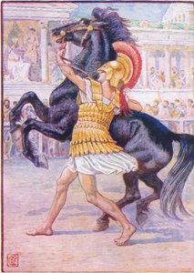 Er rannte auf das Pferd zu und ergriff die Zügel, Illustration aus Die Geschichte Griechenlands, 1930er Jahre