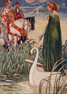 König Artus bittet die Dame vom See um das Schwert Excalibur von Walter Crane