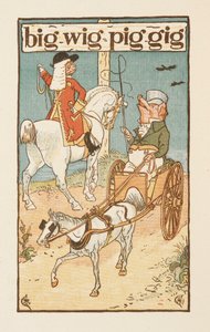 Reimwörter, die mit dem Buchstaben G enden. Eine Illustration zeigt ein Schwein, das ein Pferd reitet, und ein anderes, das einen Wagen fährt. Der Goldene Primer von Walter Crane